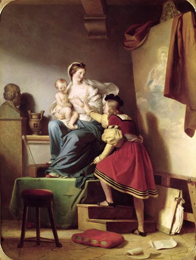 Rafael ajustando la pose de su modelo para su pintura de la Virgen y el Niño de Alexandre Evariste Fragonard